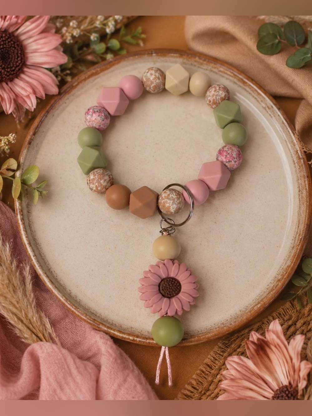 Hand Crafted Pink Green Brown Floral Beaded Wristlet Keychain